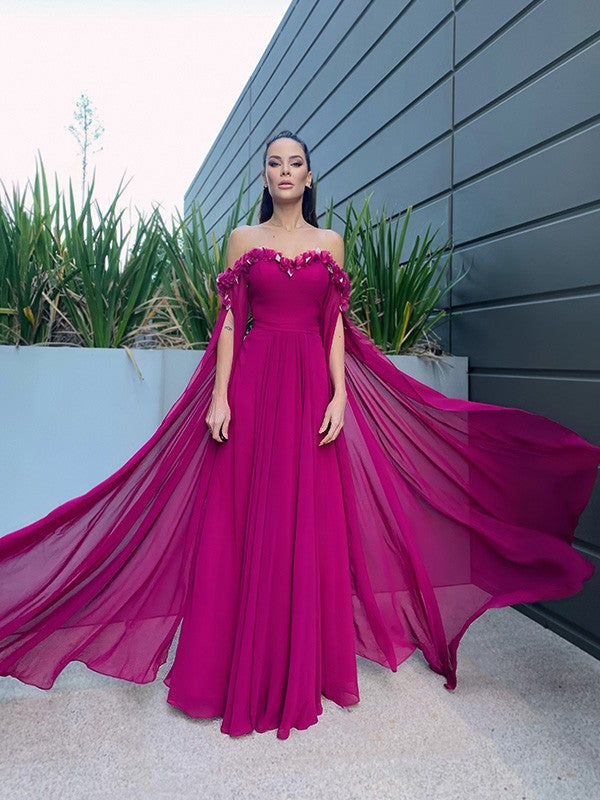 Abito da sera lungo in chiffon elegante a linea ad A, con maniche lunghe, volant e scollo a spalle scoperte