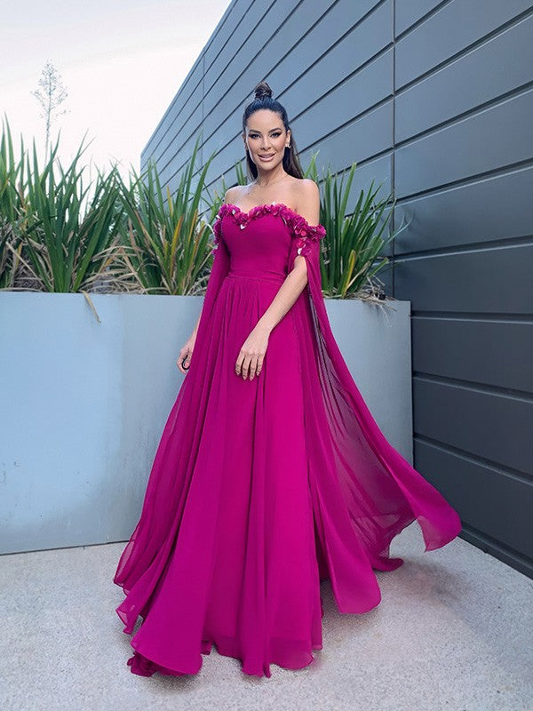 Abito da sera lungo in chiffon elegante a linea ad A, con maniche lunghe, volant e scollo a spalle scoperte
