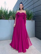 Abito da sera lungo in chiffon elegante a linea ad A, con maniche lunghe, volant e scollo a spalle scoperte