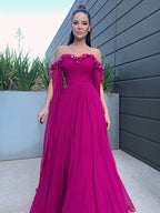 Abito da sera lungo in chiffon elegante a linea ad A, con maniche lunghe, volant e scollo a spalle scoperte