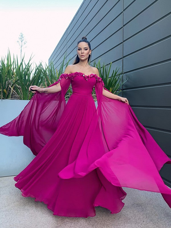 Abito da sera lungo in chiffon elegante a linea ad A, con maniche lunghe, volant e scollo a spalle scoperte