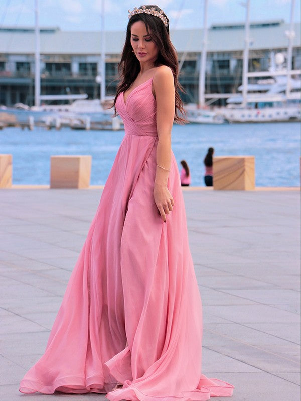 Abito da cerimonia senza maniche con spalline sottili, arricciato in chiffon elegante a linea ad A