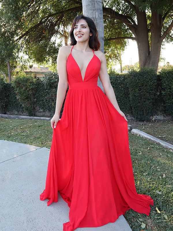 Abito da sera lungo fino a terra con spalline sottili, volant, senza maniche, in chiffon elegante a linea ad A