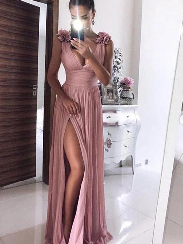 Robes de bal longues au sol sans manches en mousseline élégante à encolure en V, coupe en A, ornées de fleurs faites à la main