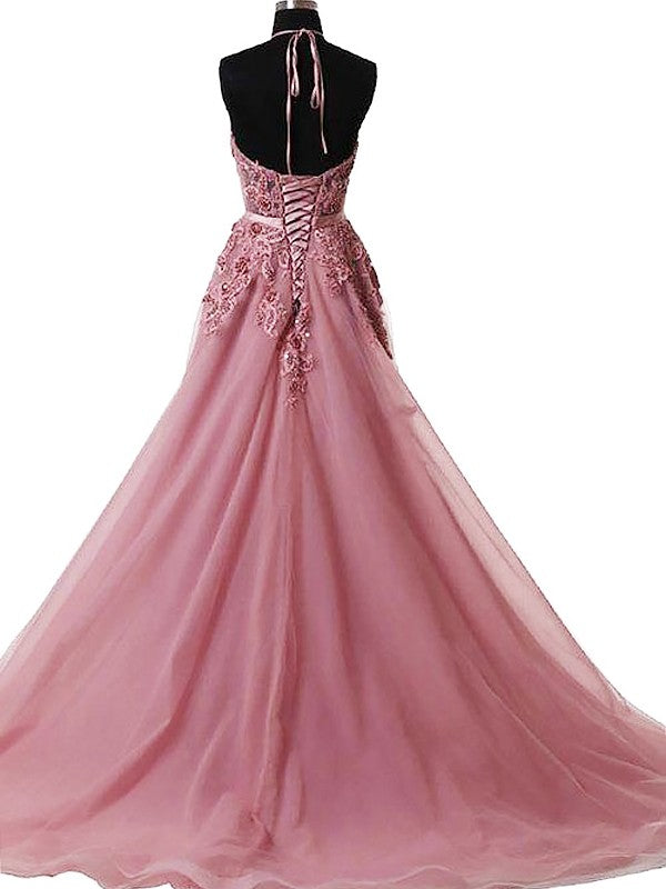 Abito da sera a linea ad A/elegante senza maniche con spalline ad anello e applicazioni in tulle