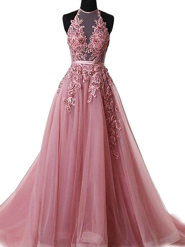 Abito da sera a linea ad A/elegante senza maniche con spalline ad anello e applicazioni in tulle
