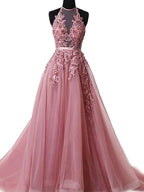 Abito da sera a linea ad A/elegante senza maniche con spalline ad anello e applicazioni in tulle