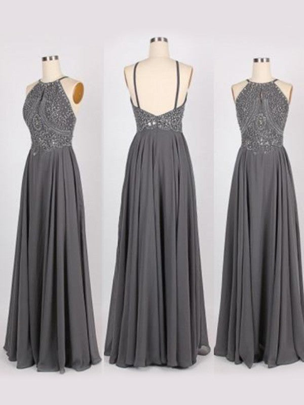 Vestidos de Baile em Chiffon com Contas, Sem Mangas, Elegantes e com Alças em A-Line