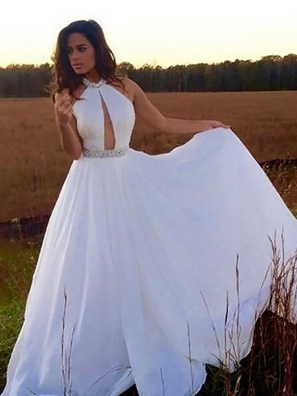 Abito da sera lungo fino al pavimento in chiffon con perline, senza maniche, con collo all'americana, linea a trapezio/elegante