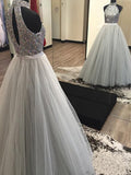 Abito da sera lungo in tulle con perline, senza maniche, con scollo all'americana, linea a trapezio/elegante