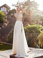 Abito da sera a linea ad A/elegante senza maniche con collo allacciato in pizzo e chiffon