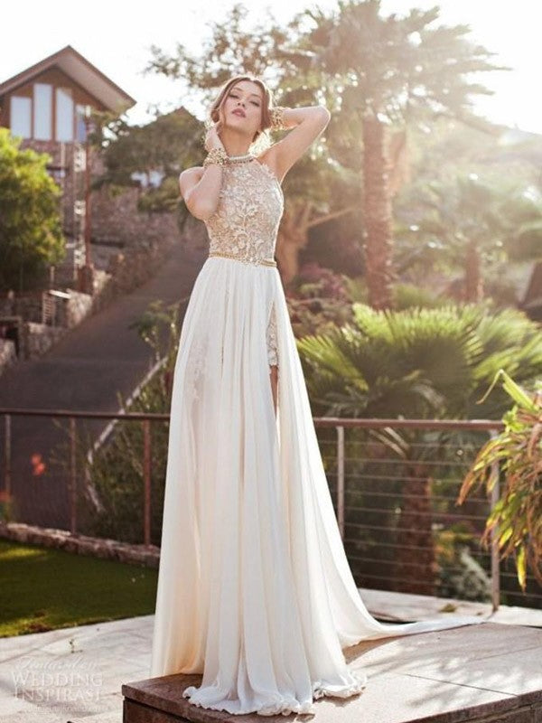 Abito da sera a linea ad A/elegante senza maniche con collo allacciato in pizzo e chiffon