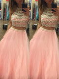 Abito da sera a due pezzi con gonna lunga in tulle, senza maniche, con collo all'americana, linea a A ed eleganti perline