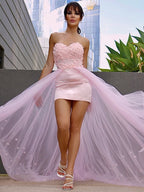 Abito da sera senza maniche con scollo a cuore, in tulle, a linea ad A, elegante e fatto a mano con fiori