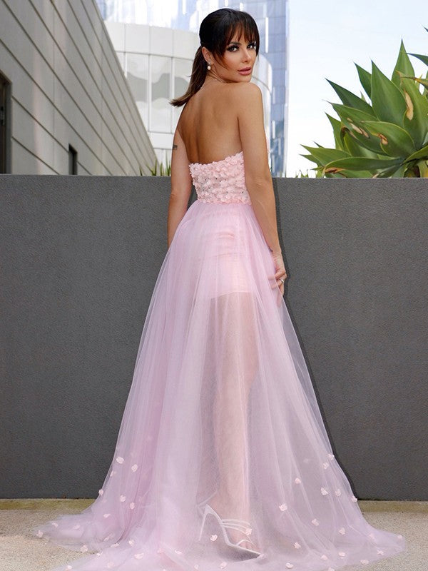 Abito da sera senza maniche con scollo a cuore, in tulle, a linea ad A, elegante e fatto a mano con fiori