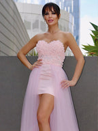 Abito da sera senza maniche con scollo a cuore, in tulle, a linea ad A, elegante e fatto a mano con fiori