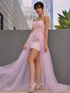 Abito da sera senza maniche con scollo a cuore, in tulle, a linea ad A, elegante e fatto a mano con fiori