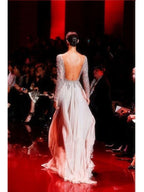 فساتين سهرة شيفون مطرزة بأكمام طويلة وياقة عالية وأسلوب على شكل حرف A أنيقة