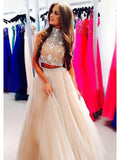 Abito da sera lungo in tulle con perline, linea a, elegante, senza maniche e collo alto