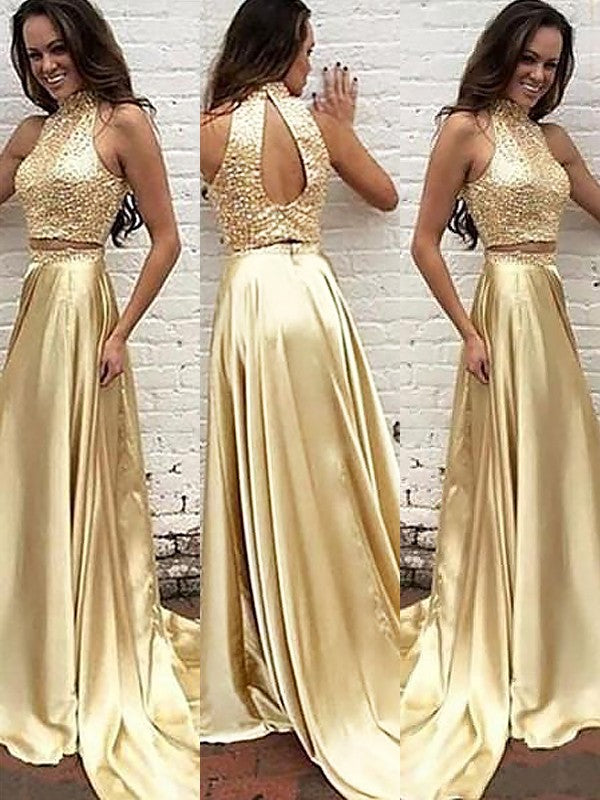 Robes de bal deux pièces en satin à perles, sans manches, col montant, coupe en A/élégante