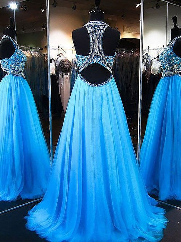 Robes de bal en tulle sans manches à perles, ligne A / élégantes
