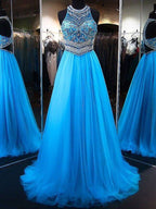 Robes de bal en tulle sans manches à perles, ligne A / élégantes