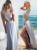 Robes de bal deux pièces en satin sans manches, longueur au sol, ligne A, élégantes, ornées de dentelle et de bijoux