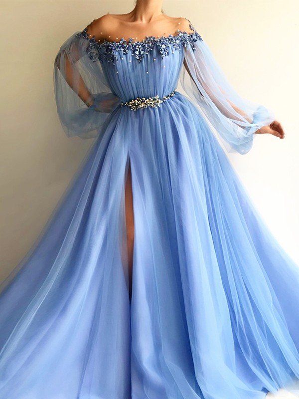 Abito da sera lungo a linea ad A/elegante con maniche lunghe scoperte sulle spalle, in tulle con perline, fino a terra