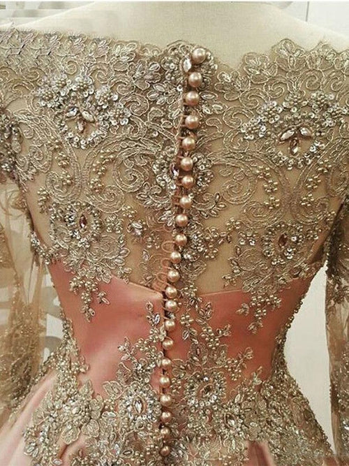 فساتين سهرة مسلمة طويلة بطول الأرض بأكمام طويلة أنيقة على شكل حرف A مع تطريز وتول