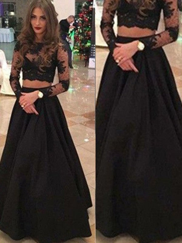 Abito lungo da sera in pizzo con scollo a barca, maniche lunghe, linea a trapezio/elegante fino a terra