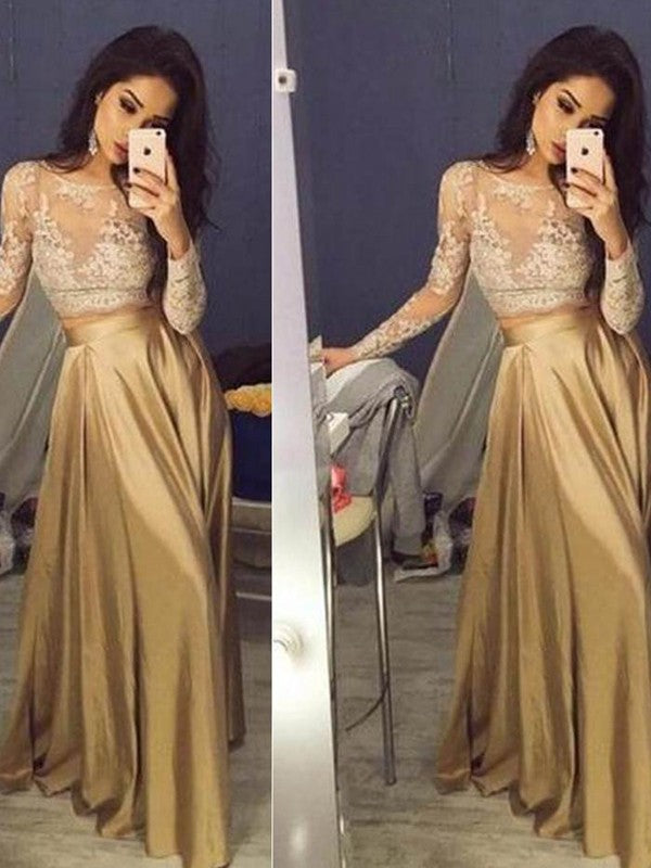 Abito da ballo a due pezzi con gonna lunga fino a terra, maniche lunghe eleganti a linea ad A, scollatura a barchetta, applicazioni in taffetà