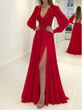 Abito da cerimonia in chiffon con maniche lunghe eleganti a linea ad A e scollo a V con applicazioni