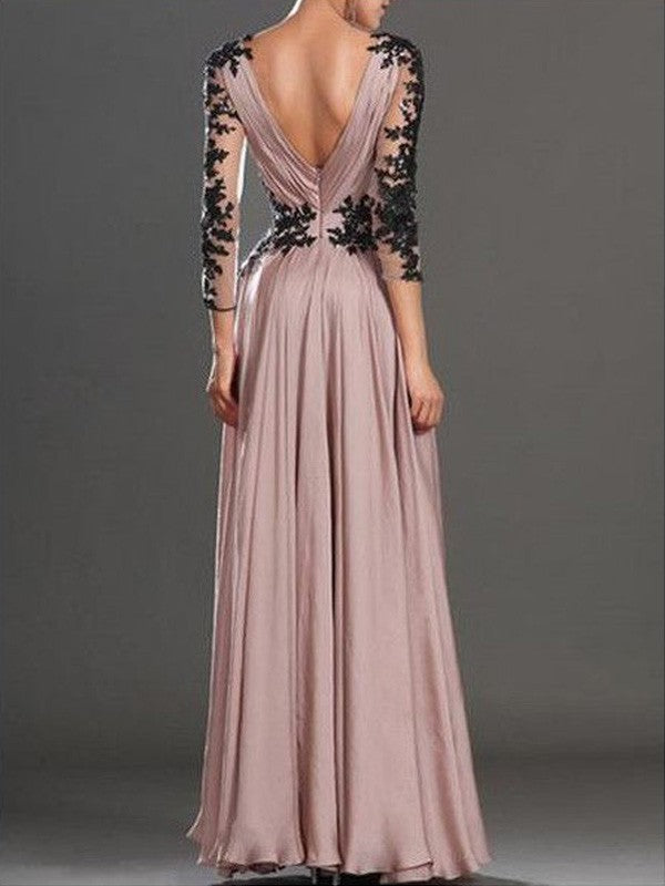 Abito da sera lungo a linea ad A/elegante con maniche lunghe, scollo a V, applicazioni in chiffon e gonna fino a terra
