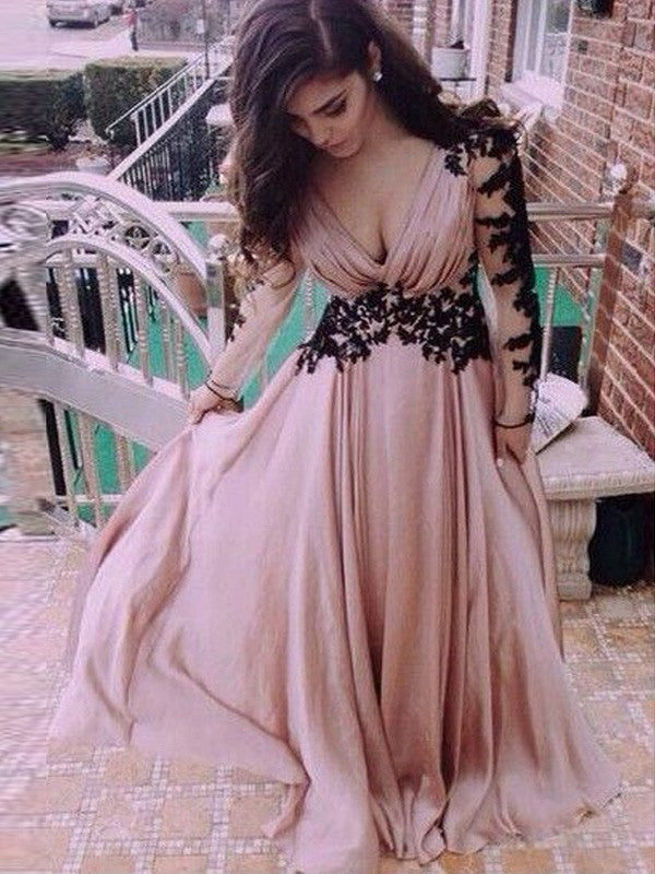 Abito da sera lungo a linea ad A/elegante con maniche lunghe, scollo a V, applicazioni in chiffon e gonna fino a terra