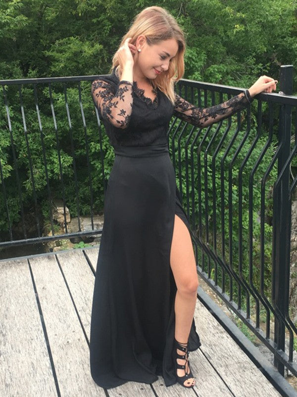 Abito da cerimonia lungo a linea ad A/elegante con maniche lunghe, scollo a V, pizzo e applicazioni in chiffon fino a terra