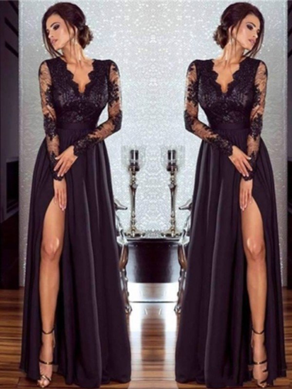 Abito da cerimonia lungo a linea ad A/elegante con maniche lunghe, scollo a V, pizzo e applicazioni in chiffon fino a terra
