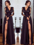 Abito da cerimonia lungo a linea ad A/elegante con maniche lunghe, scollo a V, pizzo e applicazioni in chiffon fino a terra