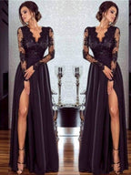 Abito da cerimonia lungo a linea ad A/elegante con maniche lunghe, scollo a V, pizzo e applicazioni in chiffon fino a terra