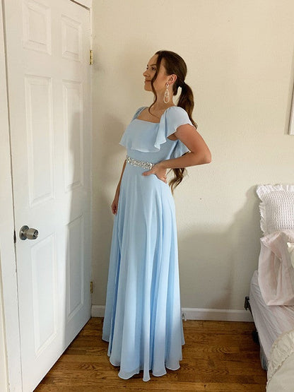 A-Line/Elegant Off-the-Shoulder Beading Chiffon Floor-Length Sleeveless Prom Dresses