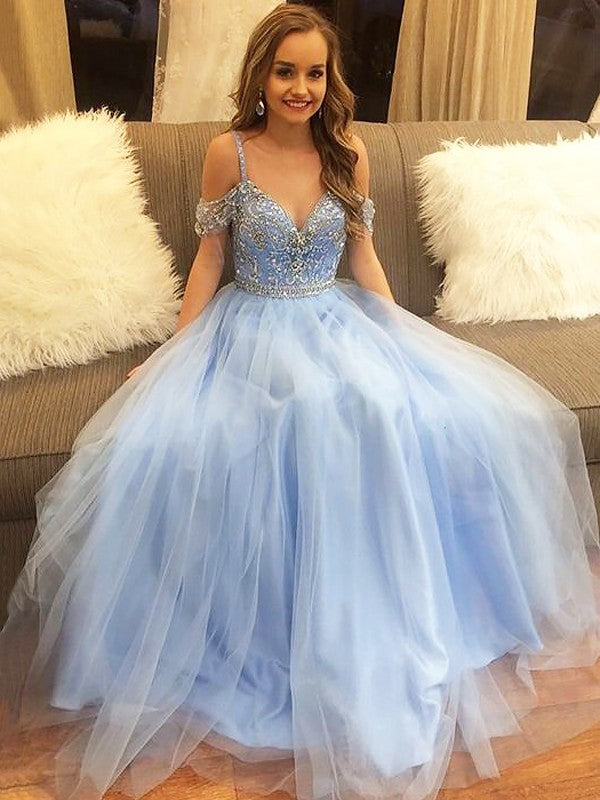 Robes de bal longues en tulle sans manches, élégantes, décolletées épaules nues, coupe en A avec perles