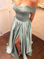 Abiti da cerimonia in raso con scollo a spalle scoperte, volant, linea a trapezio/elegante