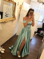 Abiti da cerimonia in raso con scollo a spalle scoperte, volant, linea a trapezio/elegante