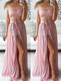 Abito da sera a due pezzi in chiffon senza maniche, elegante, con scollo a barca e gonna lunga fino a terra, stile linea ad A con pizzo