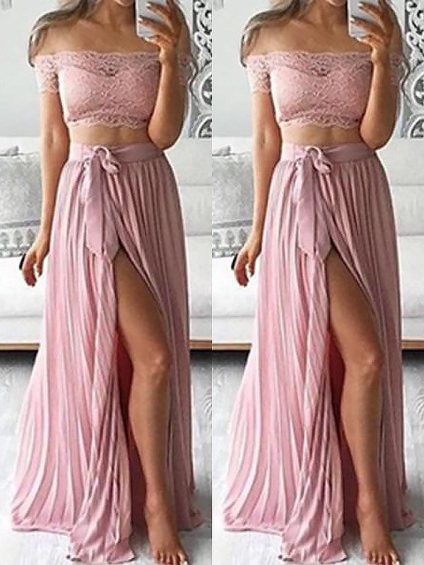 Abito da sera a due pezzi in chiffon senza maniche, elegante, con scollo a barca e gonna lunga fino a terra, stile linea ad A con pizzo