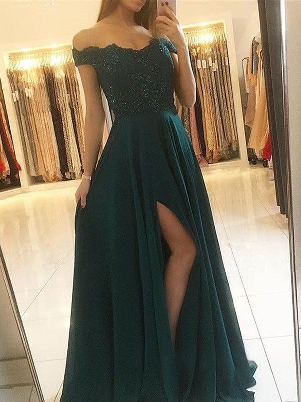 Abito da sera lungo in chiffon con perline, senza maniche, scollo a barca, linea a trapezio/elegante