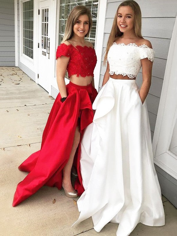 Abito da cerimonia due pezzi in raso con pizzo, senza maniche, scollo a barca, linea a trapezio/elegante