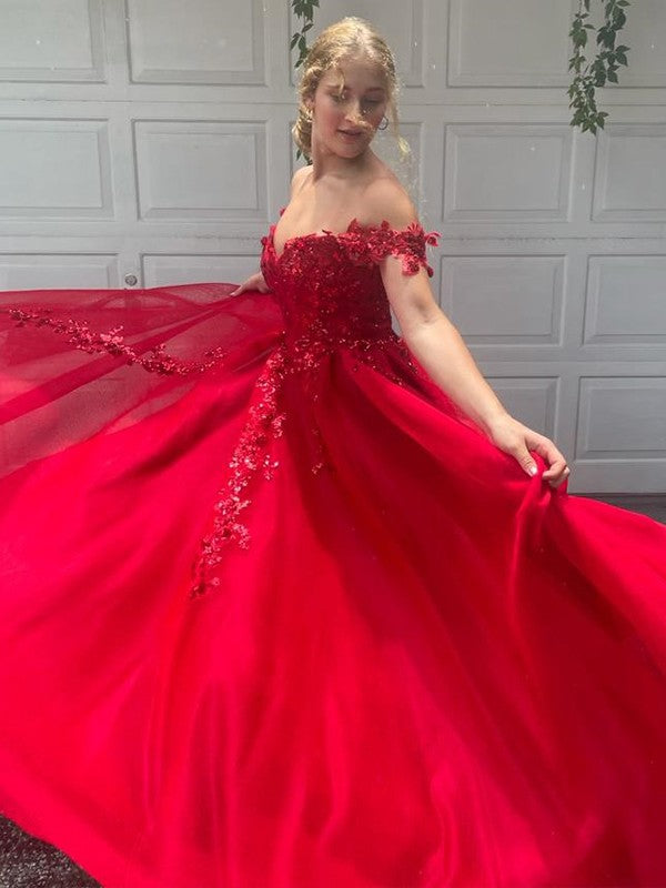 Abito da sera lungo fino a terra senza maniche con scollo a spalle scoperte, applicazioni in tulle, linea a trapezio/elegante