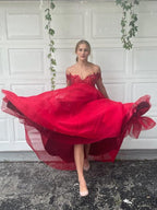 Abito da sera lungo fino a terra senza maniche con scollo a spalle scoperte, applicazioni in tulle, linea a trapezio/elegante