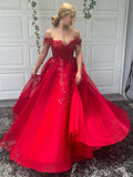 Abito da sera lungo fino a terra senza maniche con scollo a spalle scoperte, applicazioni in tulle, linea a trapezio/elegante