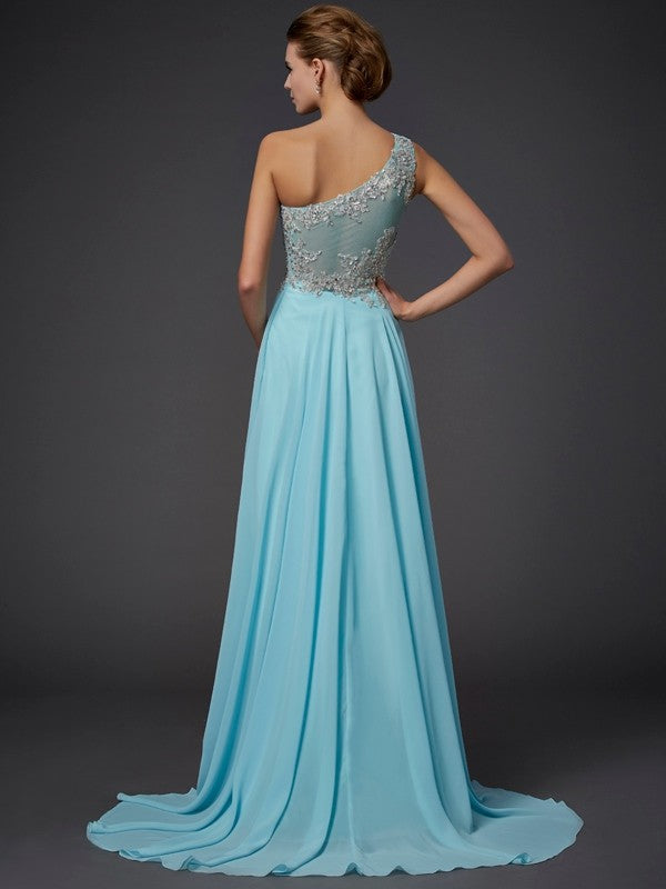 Abito lungo da cerimonia in chiffon con balze, monospalla elegante senza maniche a linea ad A